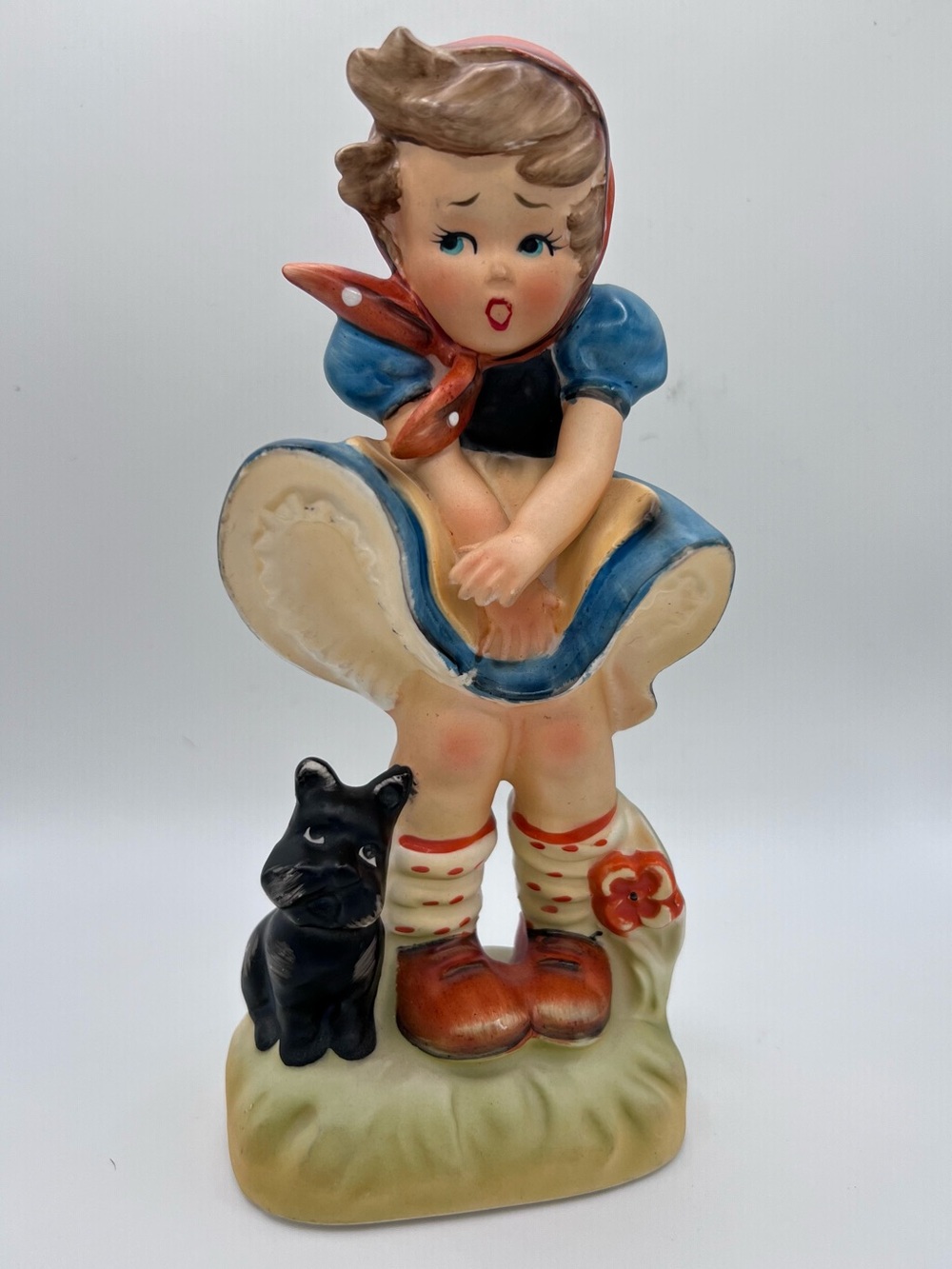 Vintage Chase Japan Girl w/Black Cat Figurine Mid Century Hand Painted Ceramic